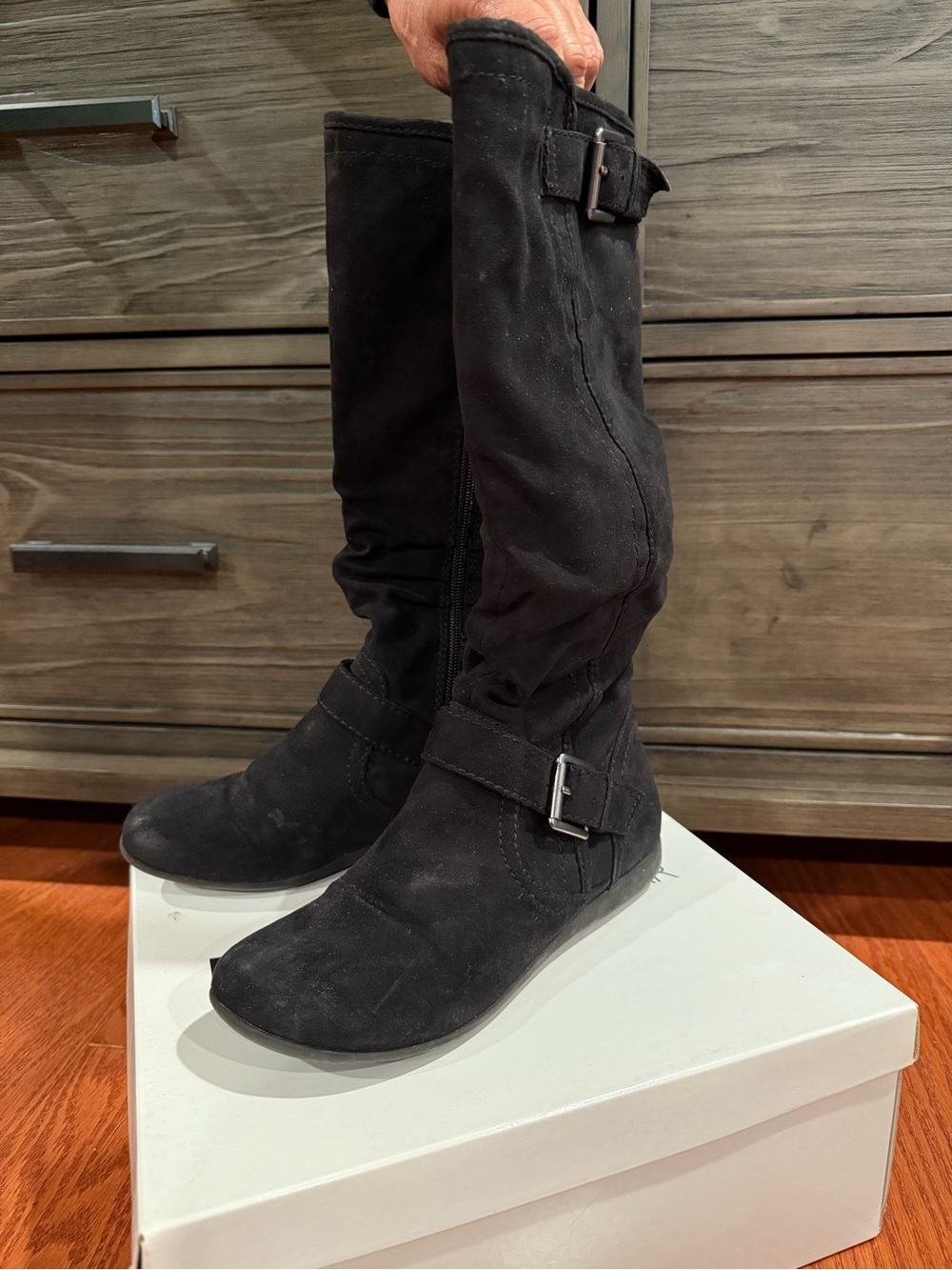 Report Black Knee-High Buckle Heeled Boots